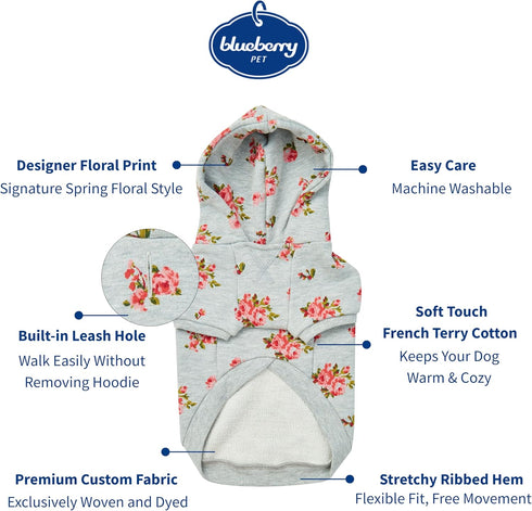 Blueberry Pet Floral Dog Hoodie, Rose Print Pullover Sweatshirt for Small Dogs, 10" Back Length, Stylish Grey