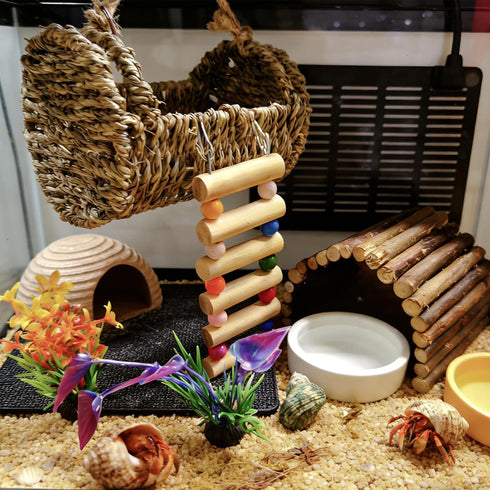 Hermit Crab Hideout with Ladder, Lizard Climbing Toys, Hermit Crab Hut with Aquarium Plants, Reptile Habitat for Gecko
