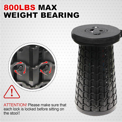 18" 800lbs ALEVMOOM Collapsible Stool, Max Weight, Heavy Duty Portable Retractable Folding Telescoping Foldable Camping