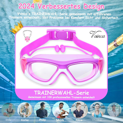 Vvinca Kids Swim Goggles for Ages 3-12, Upgraded Design with Ear & Nose Plug, Anti-Fog No Leak