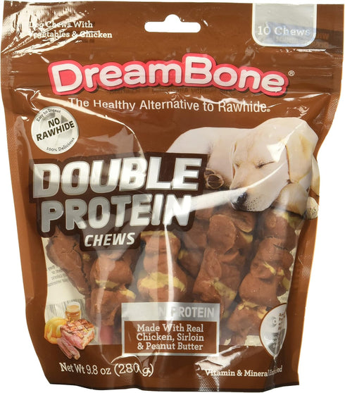 Dreambone Double Protein Chews, 10 Count, Made with Real Chicken, Sirloin and Peanut Butter