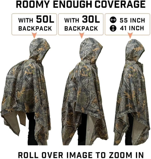 LOOGU Waterproof Rain Poncho Hooded Multi-Use Camo Rain Coat Shelter Ground Sheet for Hunting Camping Hiking