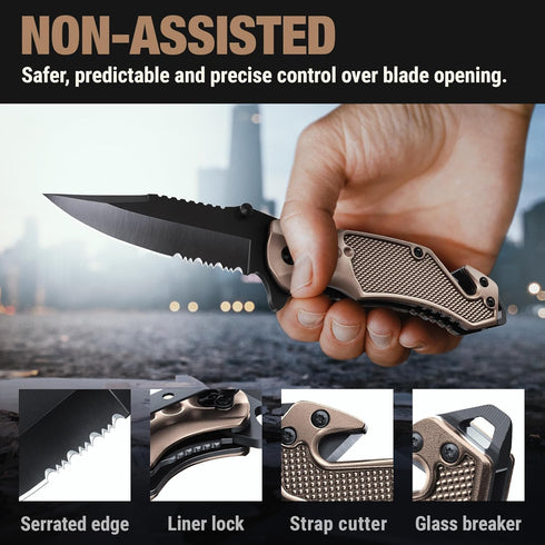 Legal Pocket Knife - Coyote Tan 2.95” Sharp Serrated Edge Blade, Multi Tool Knife with Seatbelt Cutter & Glass Breaker