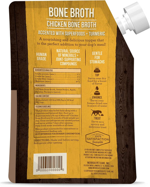Merrick Grain Free Bone Broth: Premium Human Grade Gluten Free Dog & Cat Food Topper Pouches, Chicken - 16 oz