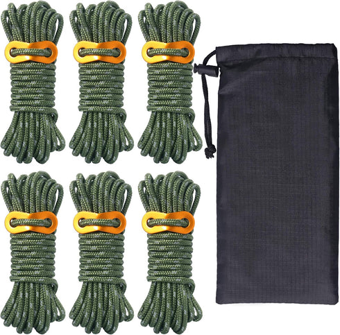 Hikeman 6 Pack Lightweight 4mm Outdoor Guy Lines Tent Cords with Aluminum Adjuster Tensioner Pouch for Camping, Hiking,