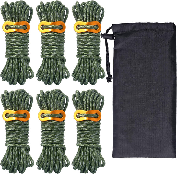 Hikeman 6 Pack Lightweight 4mm Outdoor Guy Lines Tent Cords with Aluminum Adjuster Tensioner Pouch for Camping, Hiking,
