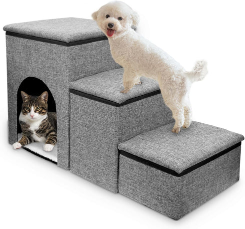 Fhiny 3-Step Dog Stairs with Storage, Non-Slip Foldable Pet Steps for Small Dogs, Grey, Holds up to 160 lbs