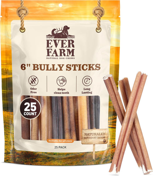 EVER FARM Odor-Free Standard Bully Sticks (6", 25 Pack) 100% Grass-Fed Beef Pizzle Dog
