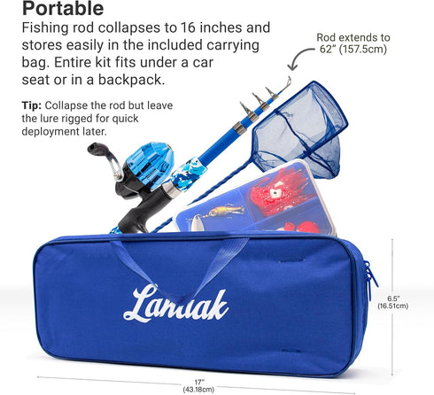Kids Fishing Pole and Tackle Box, Rod and Reel Kit with Net, Travel Bag, Beginner’s Guide
