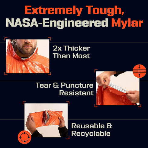 PREPARED4X Emergency Poncho and Mylar Blanket Liner, Waterproof Wind-Resistant Outdoor Rain Poncho