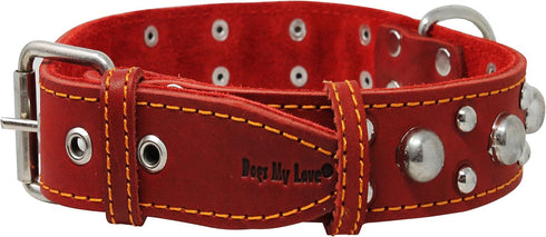 Red Real 1.5" Wide Thick Leather Studded Dog Collar, Fits 17"-21.5" Neck, Large Breeds