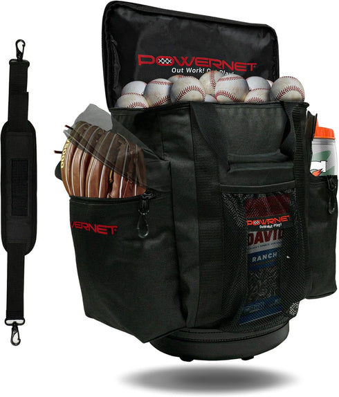 PowerNet Soft Bucket Carry Bag with Shoulder Strap & Pocket Organizer for Softball & Baseball Gear (Softside)