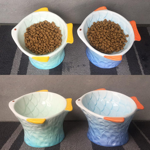 Raised Tilted Ceramic Cat Food Bowl - Cute Fish Shape Elevated Slanted Dish for Kitty Dry Wet Treats
