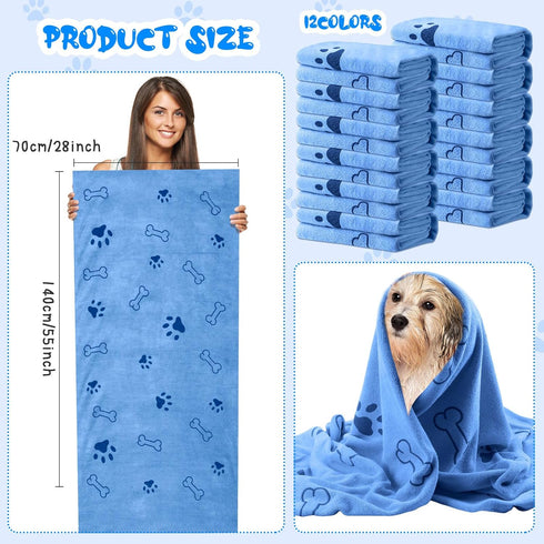 Tatuo 12 Pcs Microfiber Dog Grooming Towels - 28 x 55 Inch, Quick Drying Bath Towels for Small Medium Large Dogs (Blue,