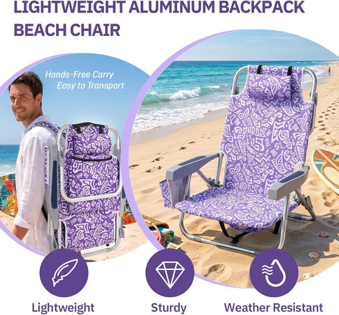 Pinikuyiro Backpack 220LBS Beach Chairs for Adults, Compact Portable Lay Flat Folding Beach Chair with Straps and Large