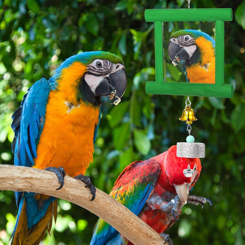 Dplolng Chicken Mirror Toys with Bells, Hanging Swing Mirror, Wooden Pecking Toy, Beak Grinding Molar Stones for Hens