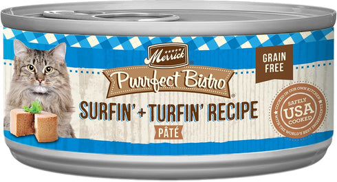 Merrick Purrfect Bistro Grain Free Premium Soft Canned Pate Adult Wet Cat Food, Surfin’ and Turfin’ Recipe, 3 oz (Pack