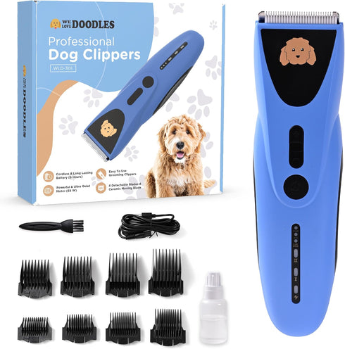 We Love Doodles Dog Clippers for Thick Coats - Powerful Cordless Trimmer with 8 Detachable Blades