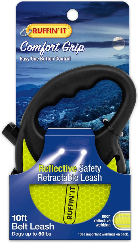 Ruffin' It Hi-VIS Safety Retractable Leash, Small, 10' Reflective Belt for Dogs up to 50Lbs