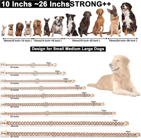 Rose Gold Chain Dog Collar, 19mm 18K Gold Cuban Link with Secure Snap Buckle for Large Pitbull (26")