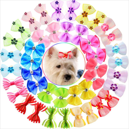 YOY 40pcs / 20 Pairs Adorable Grosgrain Ribbon Pet Dog Hair Bows - Rubber Bands for Puppy Topknot Cat Kitty Doggy