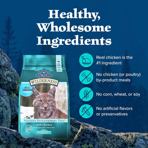Blue Buffalo Wilderness High-Protein, Grain-Free Natural Dry Food for Adult Cats, Indoor Hairball Control, Chicken,