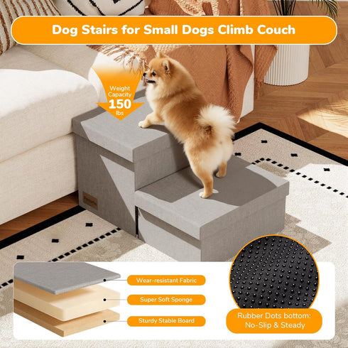 2-Step 11" 150lbs, Wide Dog Stairs with Storage H, Non-Slip Sturdy Pet Steps for Couch Chair, Dog Steps