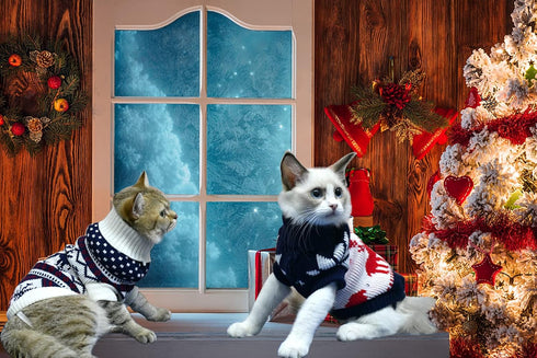 Vehomy 2Pcs Pet Puppy Christmas Sweaters, Navy Blue and Christmas White Knitwear with Reindeers Snowflakes Pattern