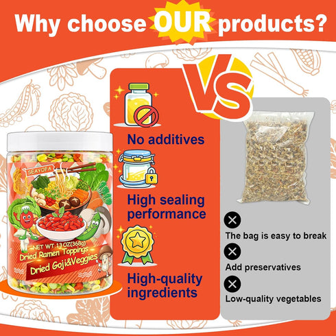 13oz 9 Mixed Dehydrated Goji & Vegetables, Kinds Dried Ramen Toppings with Carrots, Corn & Cabbage, Freeze-Dried