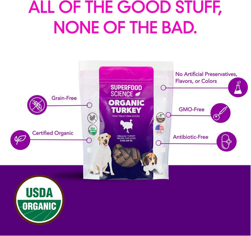Organic Dog Treats for All Breeds, Semi-Soft Turkey Dog Training Jerky Snack Bites, 5 oz