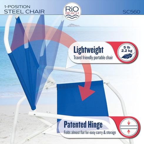 1-Position 190 lbs. Rio Brands Low-Profile Folding Beach Chairs, Lightweight Steel Outdoor Portable Camping Chairs
