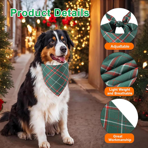 2 Pack, Doncida Red Green Buffalo Plaid Dog Bandanas for Christmas Reversible Triangle Dog Scarf for Medium and Large
