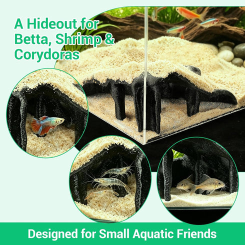 500g 7.5x7.5x4 Inch Aquarium Cave Fish Tank Cave Decor Corner Hide PETG Reptile Hideout with Sand, Mangrove Root