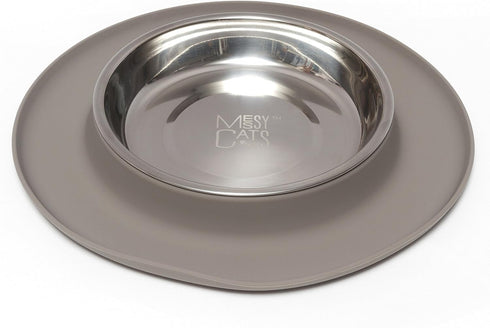 Messy Cats Single Silicone Feeder with Stainless Saucer Shaped Bowl, Anti-Slip Non-Skid Cat Food Bowl (1.75 Cups, Grey)