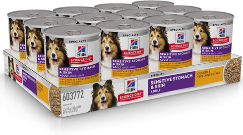 12.8 oz. 12-Pack Hill's Science Diet Adult Sensitive Stomach & Skin Wet Dog Food, Chicken & Vegetable, Cans