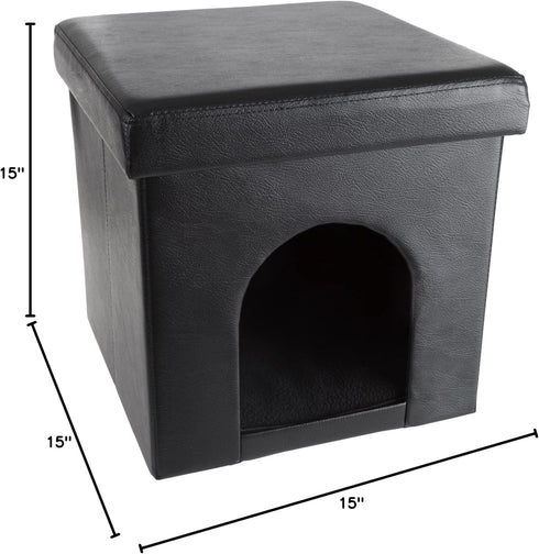 Cat House Collapsible Multipurpose Small Dog or Cat Ottoman with Footrest, Cushioned Top, and Interior Pillow by