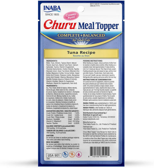 INABA Churu Meal Topper for Cats, Complete & Balanced, Creamy, Lickable Purée Cat Food Topper, 0.5 Ounce Tube, 24 Tubes (4 per Pack), Tuna Recipe