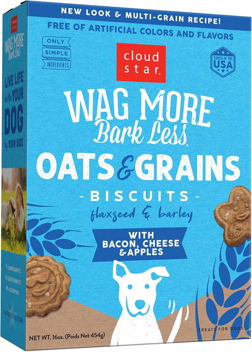 Cloud Star Wag More Bark Less Dog Treats, Crunchy Biscuits, Oats & Grains, Bacon, Cheese & Apples
