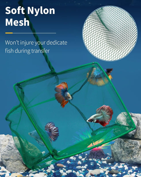 Pawfly Aquarium Fish Net, Square Net with Braided Metal Handle for Cleaning Fish Tanks and Ponds