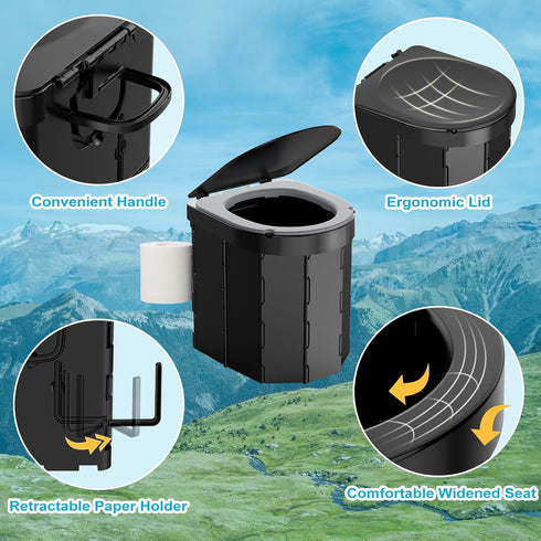 Portable Camping Toilet with PU Cushion, Folding Porta Potty for Adults with Lid and Toilet Paper Holder, Waterproof