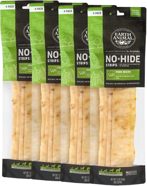 Earth Animal No Hide Strips, Pork Flavored Natural Treats, Quick & Thin Dog Chews, 4 Pack, 16 Count
