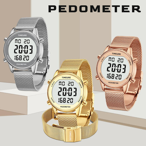 Women's Stylish Step Counter Pedometer Watch with Stainless Steel Bracelet, No App or Charging Needed - TU-2401