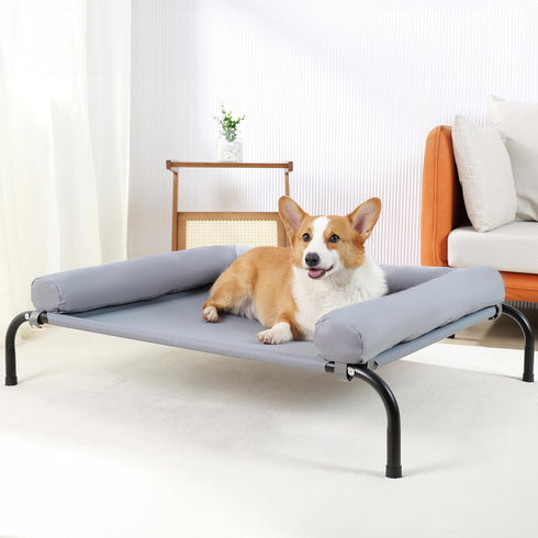 Cooling Elevated Dog Bed with Pillows - Portable Washable Raised Dog Cot with Chew Proof Mesh, Medium, Gray