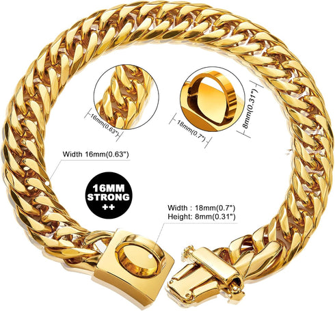 Gold Chain Dog Collar - 16MM 18K Gold Cuban Link with Secure Snap Buckle, Metal Collar for Small Pitbull (16MM, 22")