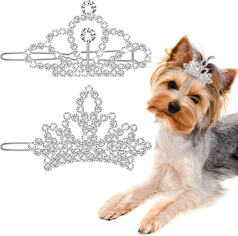 MTLEE 2 Pieces Dog Tiara Crown Hair Clips, Clear Crystal Rhinestone Barrettes for Pet Grooming