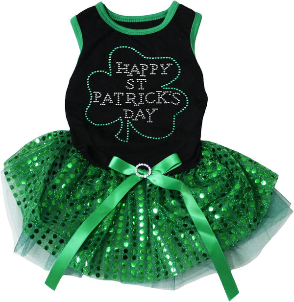 Petitebella Rhinestone Happy St Patrick's Day Dress for Puppy Dog, Small, Black/Green Sequins