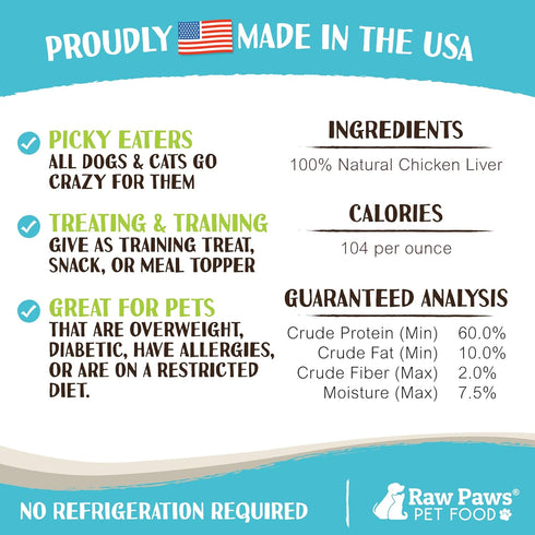 Raw Paws Freeze Dried Chicken Liver Dog Treats & Cat Treats, 4-oz - Made in USA, Single Ingredient