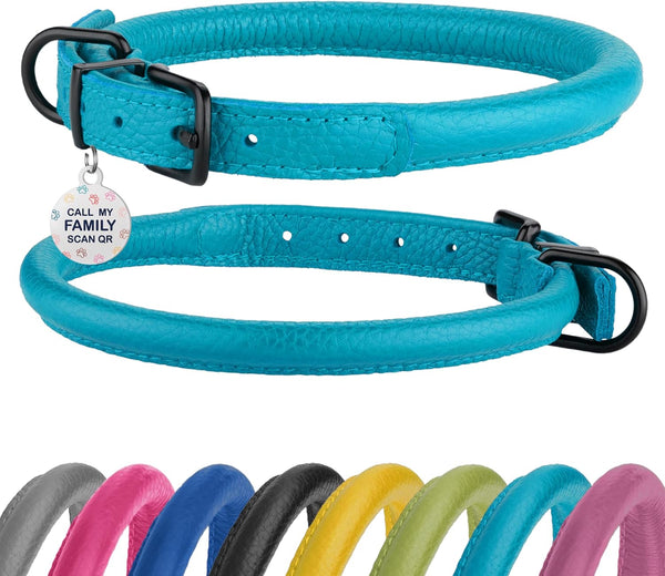 Soft Round Rolled Leather Dog Collar with ID Tag for Small Medium Large Dogs (7-10 inch, Aqua Blue)