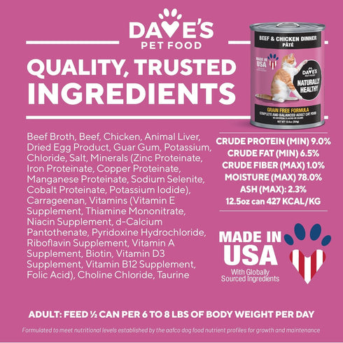 Dave's Pet Food Grain Free Wet Cat Food (Beef & Chicken Pate), 12.5 oz Cans (Case of 12), Made in USA with Added