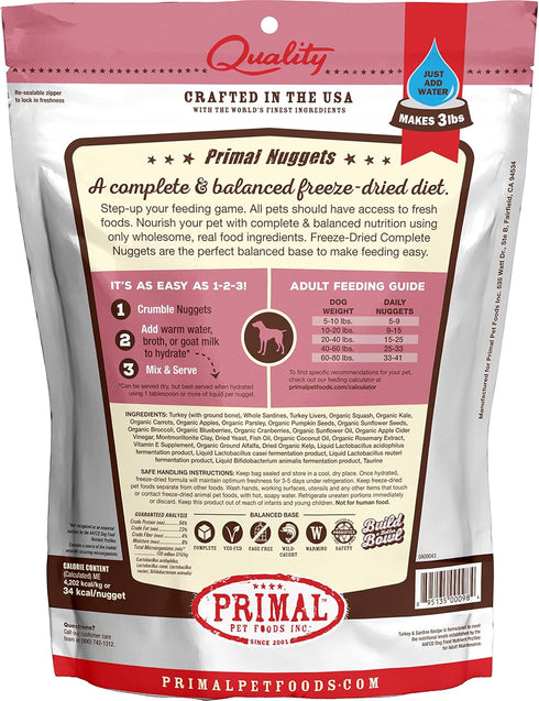 Primal Freeze Dried Dog Food Nuggets, Turkey & Sardine; Healthy, Grain Free, High Protein Raw Dog Food, 14 oz